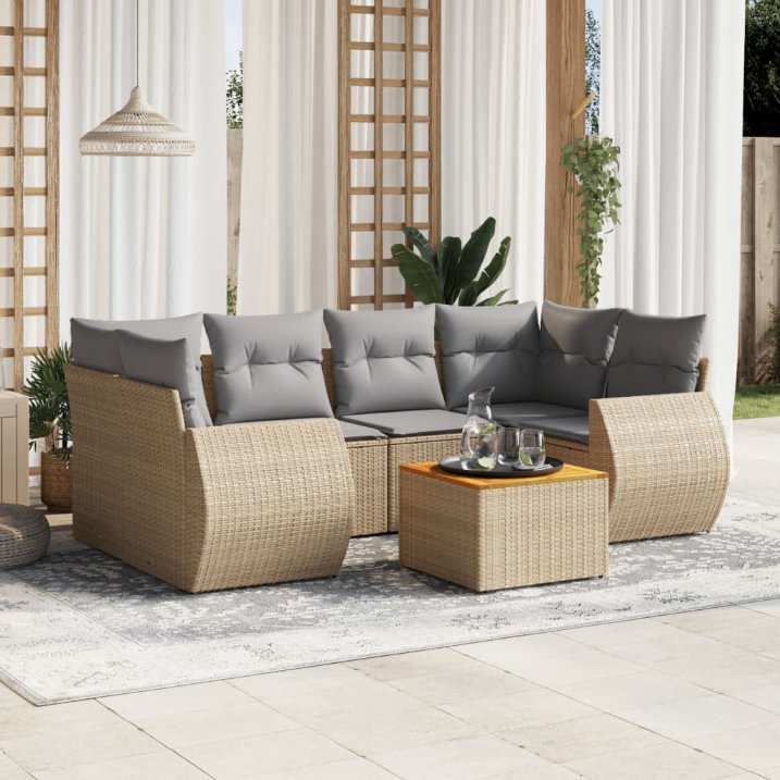 7-tlg. Garten-Sofagarnitur mit Kissen Schwarz Poly Rattan