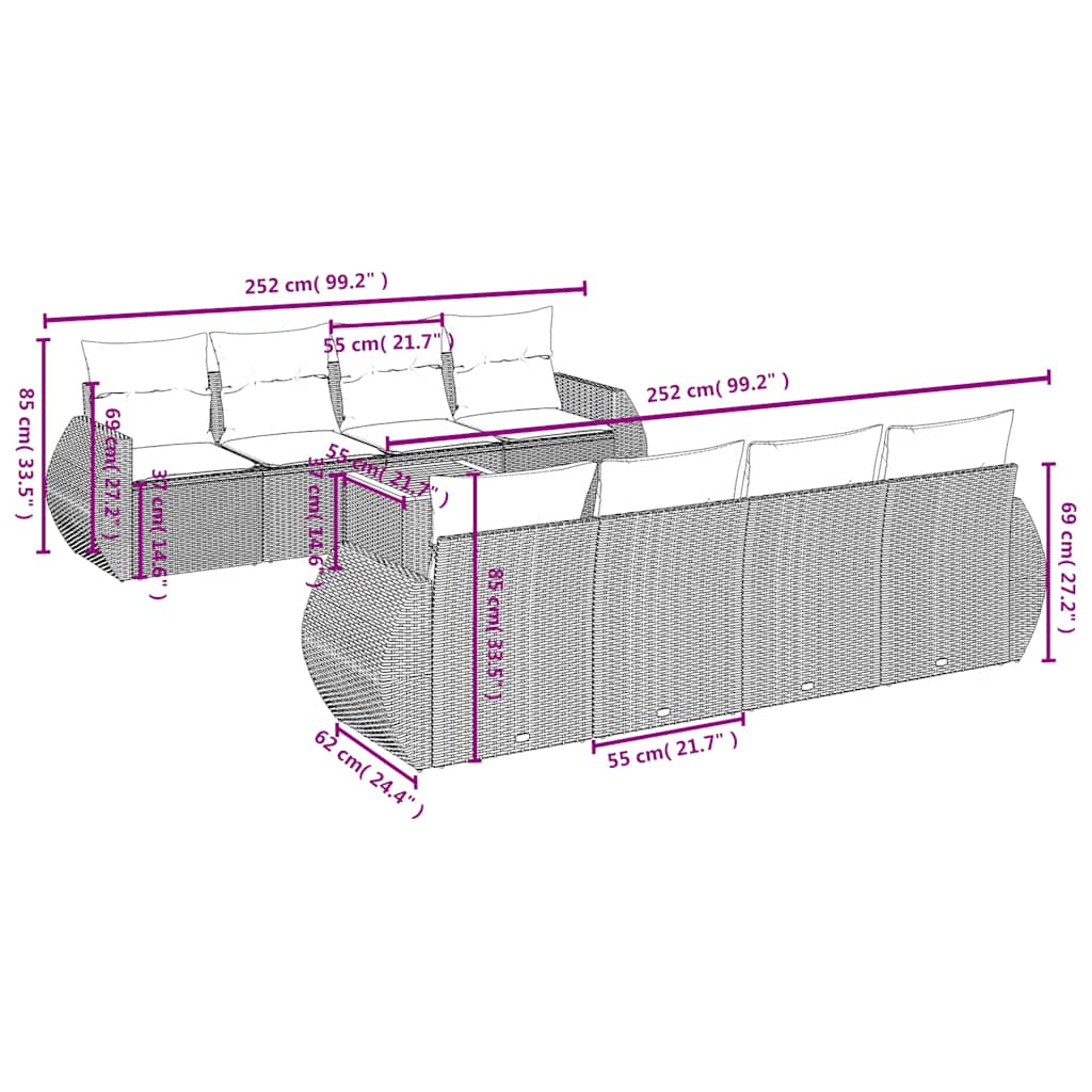 9-teiliges Gartensofa-Set mit Kissen, schwarzes Polyrattan