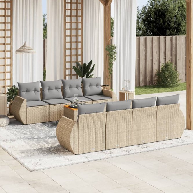 9-tlg. Garten-Sofagarnitur mit Kissen Schwarz Poly Rattan