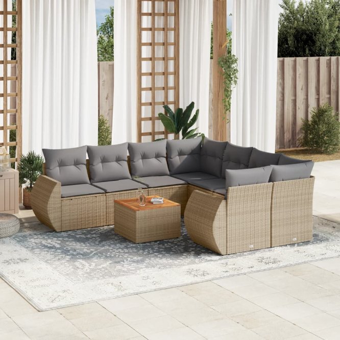 9-tlg. Garten-Sofagarnitur mit Kissen Schwarz Poly Rattan