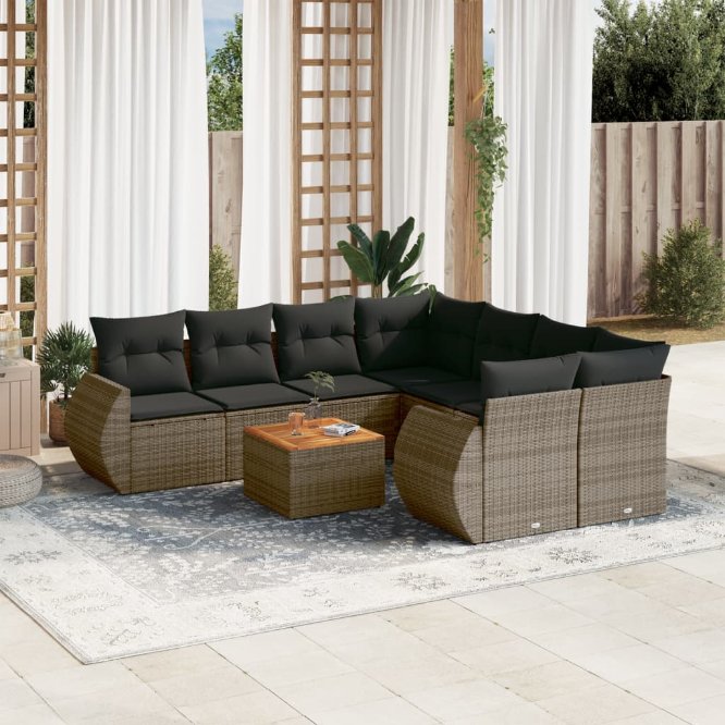 9-tlg. Garten-Sofagarnitur mit Kissen Schwarz Poly Rattan