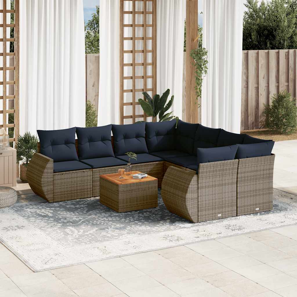 9-teiliges Gartensofa-Set mit Kissen, schwarzes Polyrattan