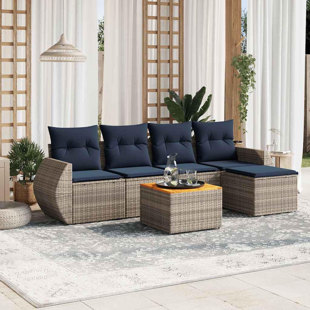 6-teiliges Gartensofa-Set mit Kissen, schwarzes Polyrattan