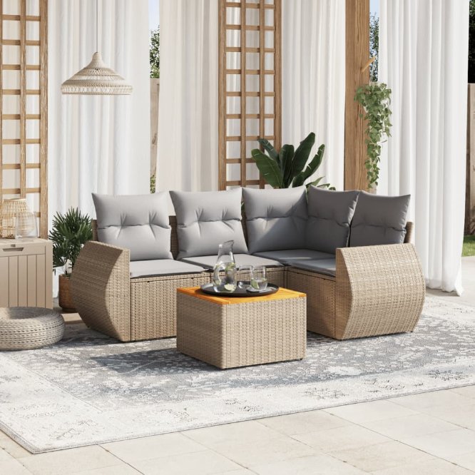 5-tlg. Garten-Sofagarnitur mit Kissen Schwarz Poly Rattan