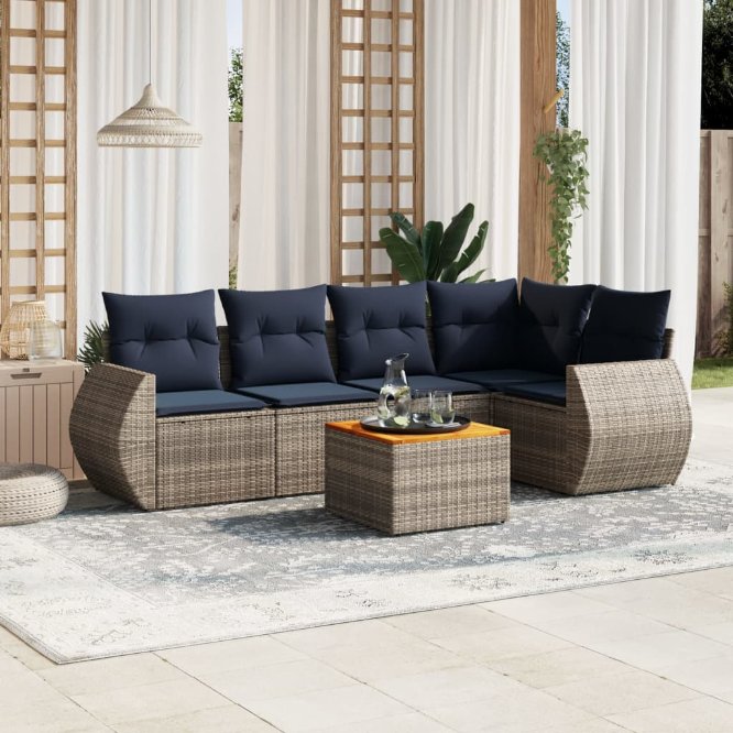 6-teiliges Gartensofa-Set mit Kissen, schwarzes Polyrattan