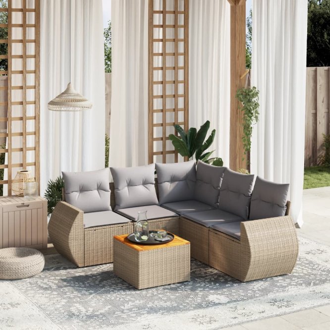 6-tlg. Garten-Sofagarnitur mit Kissen Schwarz Poly Rattan