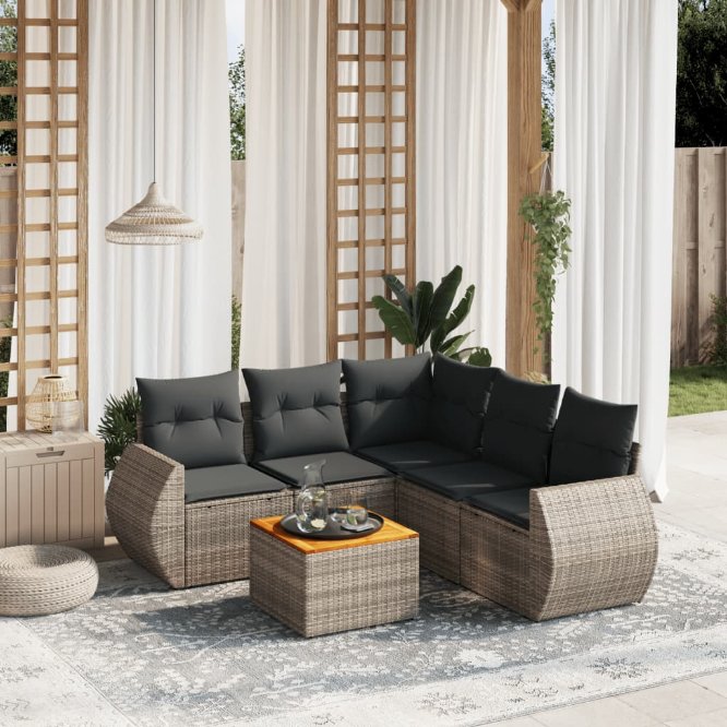 6-tlg. Garten-Sofagarnitur mit Kissen Schwarz Poly Rattan