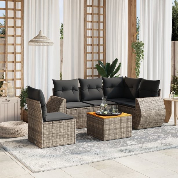 6-tlg. Garten-Sofagarnitur mit Kissen Schwarz Poly Rattan