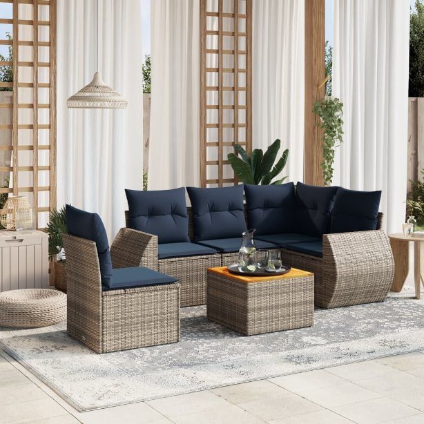 6-teiliges Gartensofa-Set mit Kissen, schwarzes Polyrattan