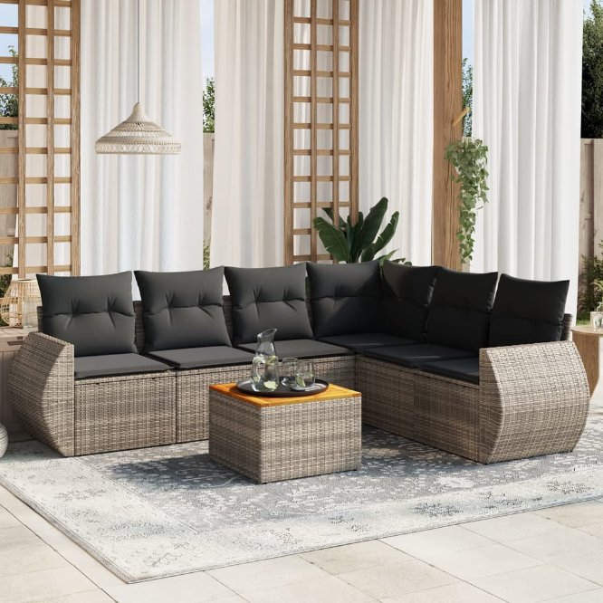 7-tlg. Garten-Sofagarnitur mit Kissen Schwarz Poly Rattan