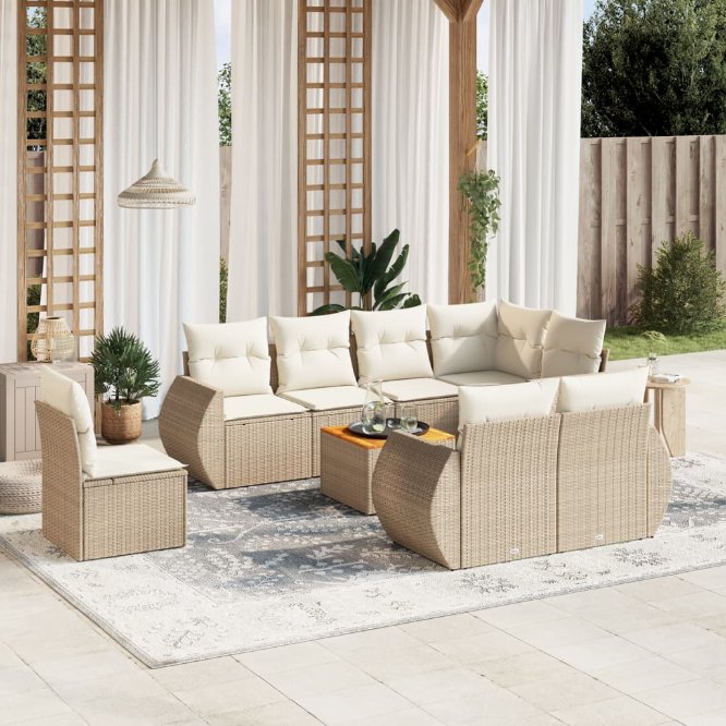 9-tlg. Garten-Sofagarnitur mit Kissen Schwarz Poly Rattan