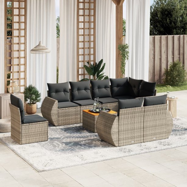 9-tlg. Garten-Sofagarnitur mit Kissen Schwarz Poly Rattan