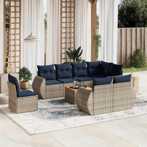 9-teiliges Gartensofa-Set mit Kissen, schwarzes Polyrattan