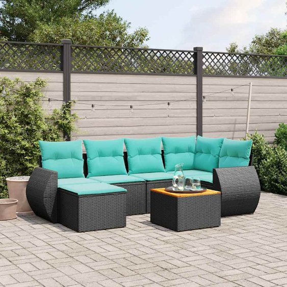 7-teiliges Gartensofa-Set mit Kissen, schwarzes Polyrattan