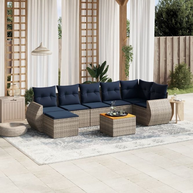 8-teiliges Gartensofa-Set mit Kissen, schwarzes Polyrattan