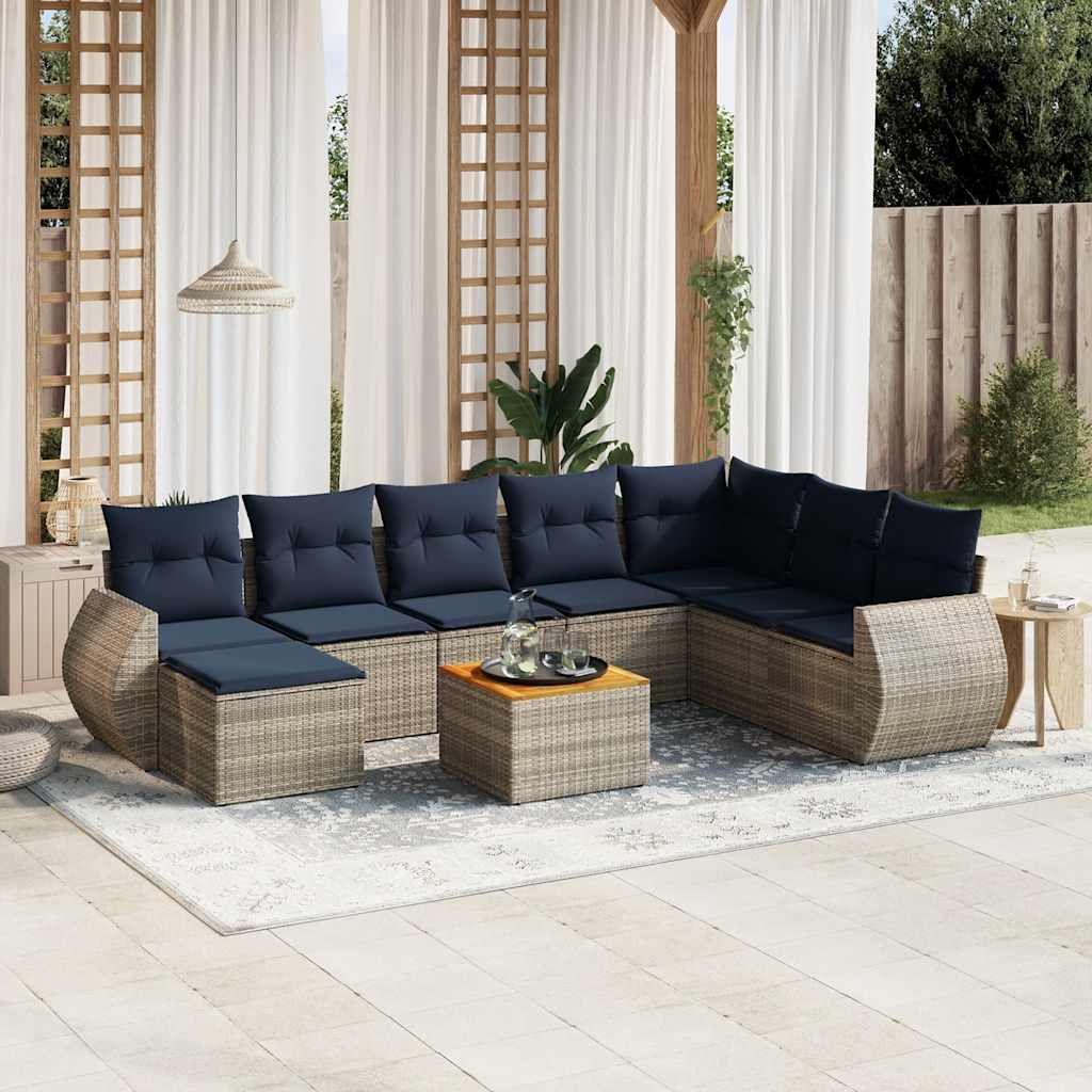 9-teiliges Gartensofa-Set mit Kissen, schwarzes Polyrattan