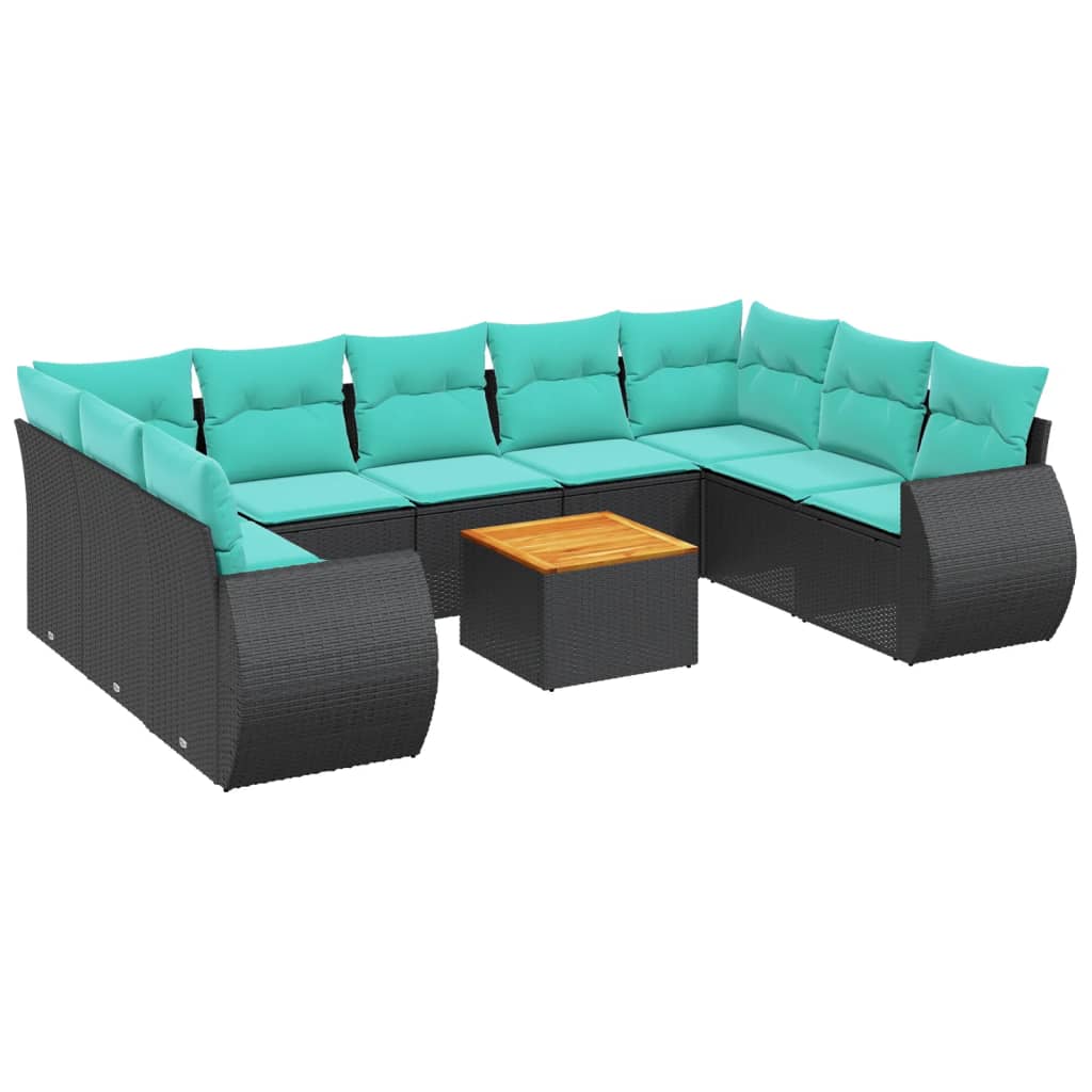 vidaXL 10-teiliges Gartensofa-Set mit Kissen, schwarzes Polyrattan