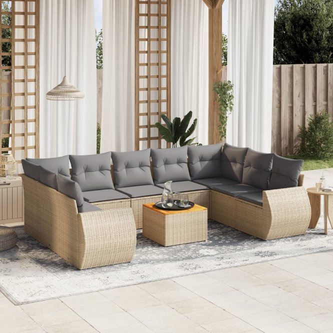 vidaXL 10-tlg. Garten-Sofagarnitur mit Kissen Schwarz Poly Rattan