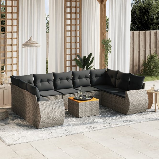 vidaXL 10-tlg. Garten-Sofagarnitur mit Kissen Schwarz Poly Rattan