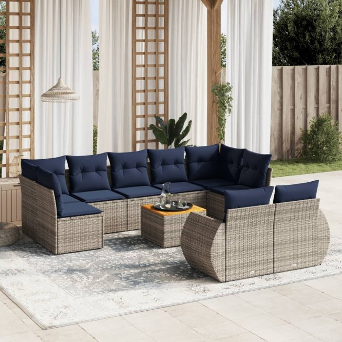 vidaXL 10-teiliges Gartensofa-Set mit Kissen, schwarzes Polyrattan