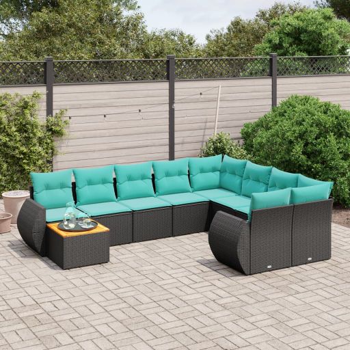 vidaXL 10-teiliges Gartensofa-Set mit Kissen, schwarzes Polyrattan