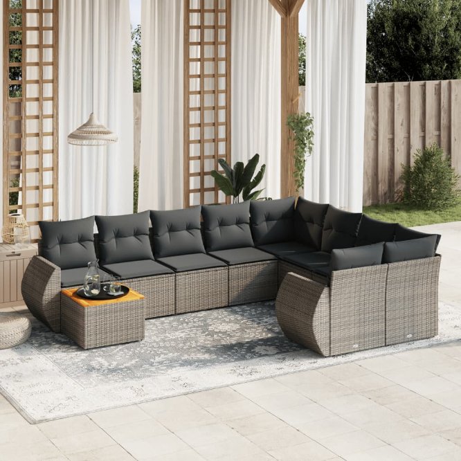 vidaXL 10-tlg. Garten-Sofagarnitur mit Kissen Schwarz Poly Rattan
