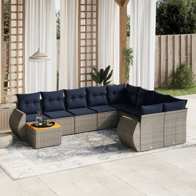 vidaXL 10-teiliges Gartensofa-Set mit Kissen, schwarzes Polyrattan
