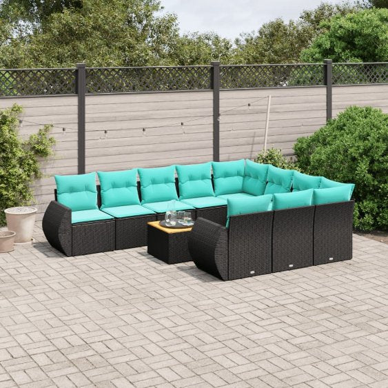 vidaXL 11-teiliges Gartensofa-Set mit Kissen, schwarzes Polyrattan