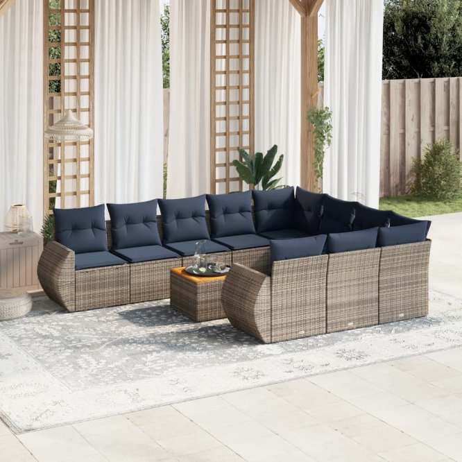 vidaXL 11-teiliges Gartensofa-Set mit Kissen, schwarzes Polyrattan