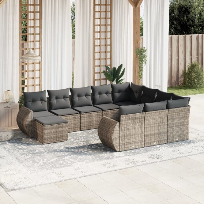 vidaXL 11-tlg. Garten-Sofagarnitur mit Kissen Schwarz Poly Rattan