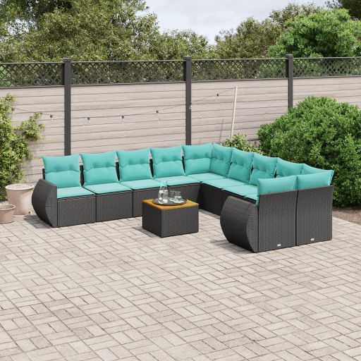 vidaXL 11-teiliges Gartensofa-Set mit Kissen, schwarzes Polyrattan