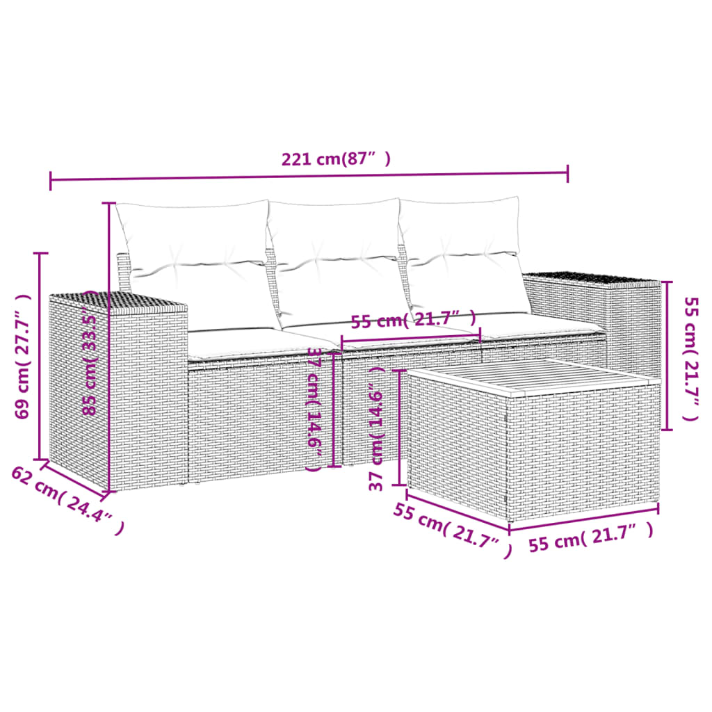 4-tlg. Garten-Sofagarnitur mit Kissen Schwarz Poly Rattan
