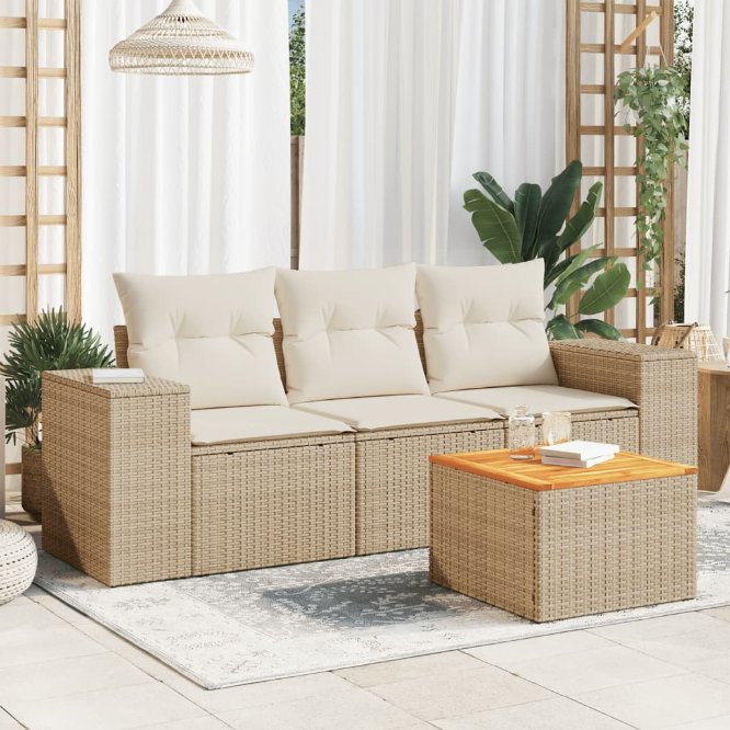 4-tlg. Garten-Sofagarnitur mit Kissen Schwarz Poly Rattan