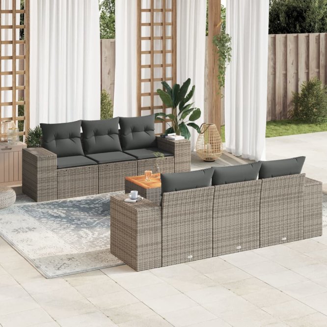 7-tlg. Garten-Sofagarnitur mit Kissen Schwarz Poly Rattan