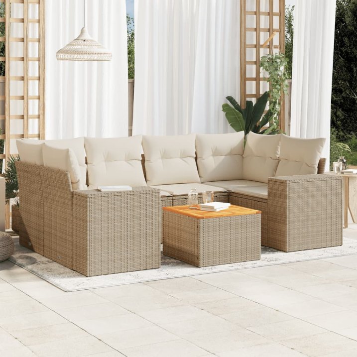 7-tlg. Garten-Sofagarnitur mit Kissen Schwarz Poly Rattan