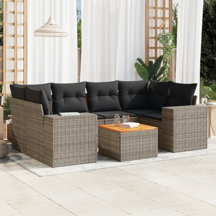 7-tlg. Garten-Sofagarnitur mit Kissen Schwarz Poly Rattan