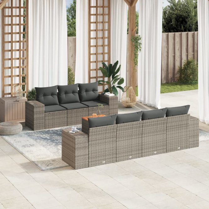 8-tlg. Garten-Sofagarnitur mit Kissen Schwarz Poly Rattan