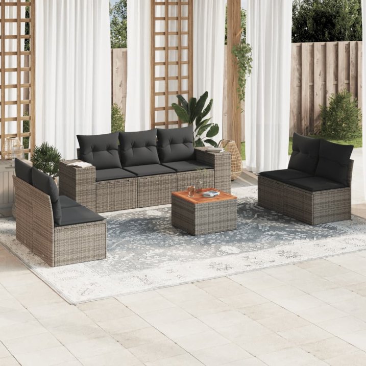 8-tlg. Garten-Sofagarnitur mit Kissen Schwarz Poly Rattan