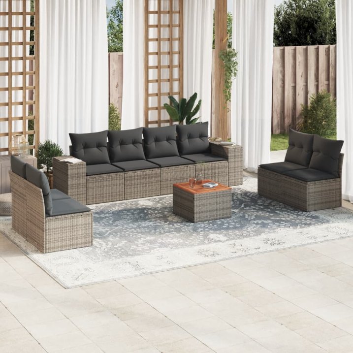 9-tlg. Garten-Sofagarnitur mit Kissen Schwarz Poly Rattan