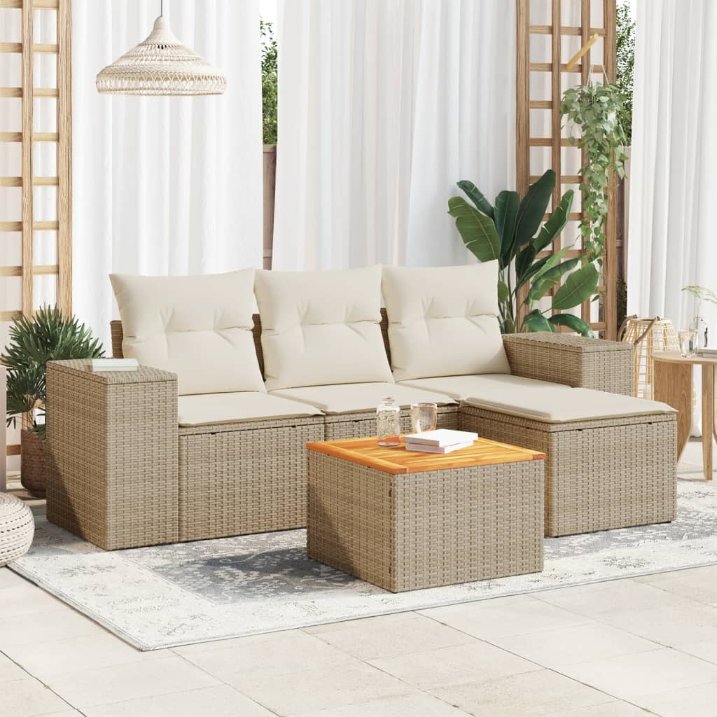 5-tlg. Garten-Sofagarnitur mit Kissen Schwarz Poly Rattan
