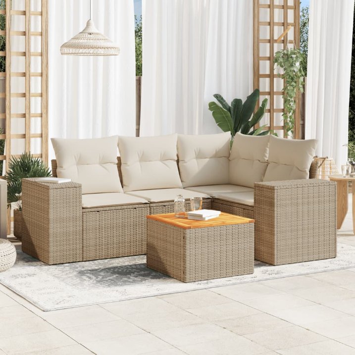 5-tlg. Garten-Sofagarnitur mit Kissen Schwarz Poly Rattan