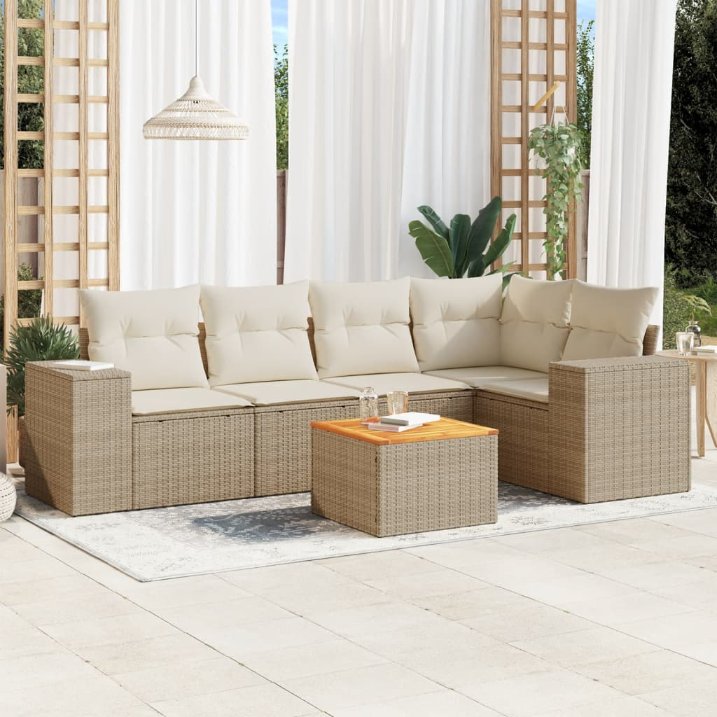6-tlg. Garten-Sofagarnitur mit Kissen Schwarz Poly Rattan