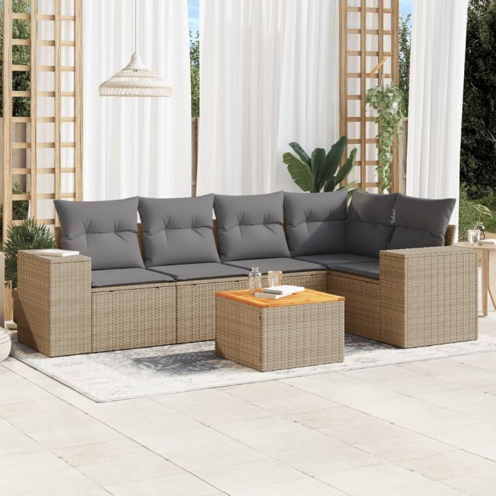 6-tlg. Garten-Sofagarnitur mit Kissen Schwarz Poly Rattan