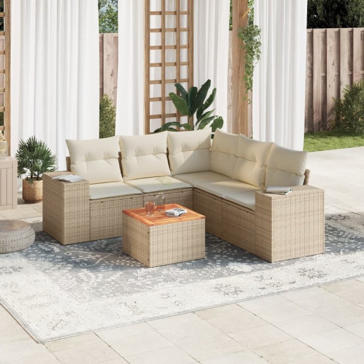 6-tlg. Garten-Sofagarnitur mit Kissen Schwarz Poly Rattan
