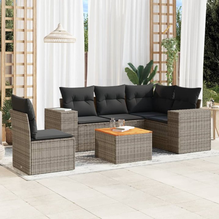 6-tlg. Garten-Sofagarnitur mit Kissen Schwarz Poly Rattan