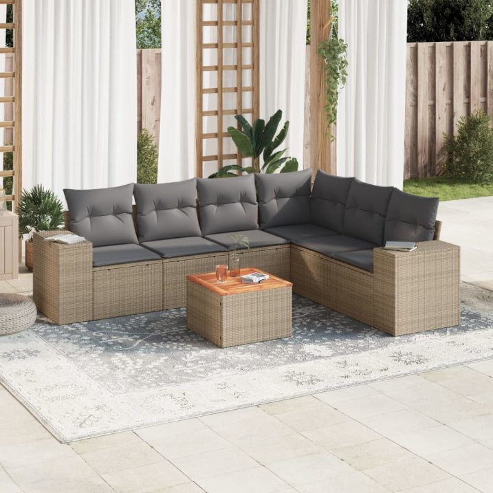 7-tlg. Garten-Sofagarnitur mit Kissen Schwarz Poly Rattan