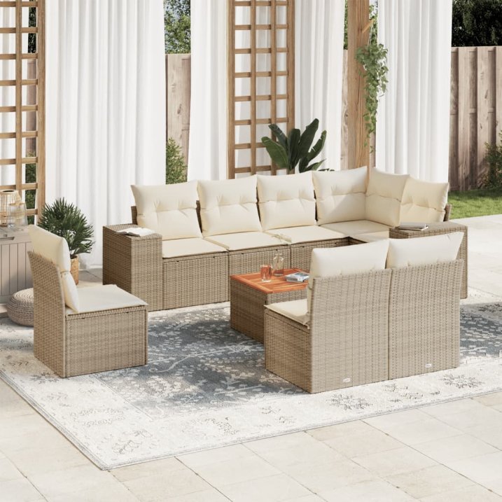 9-tlg. Garten-Sofagarnitur mit Kissen Schwarz Poly Rattan