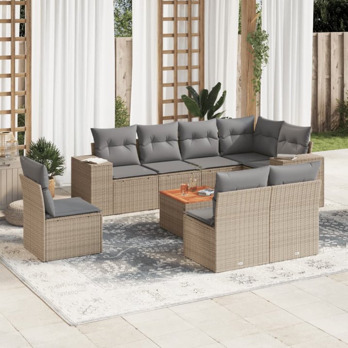 9-tlg. Garten-Sofagarnitur mit Kissen Schwarz Poly Rattan