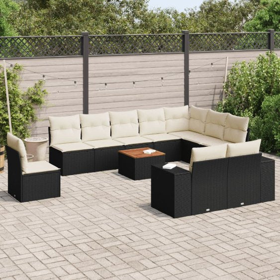 vidaXL 11-tlg. Garten-Sofagarnitur mit Kissen Schwarz Poly Rattan