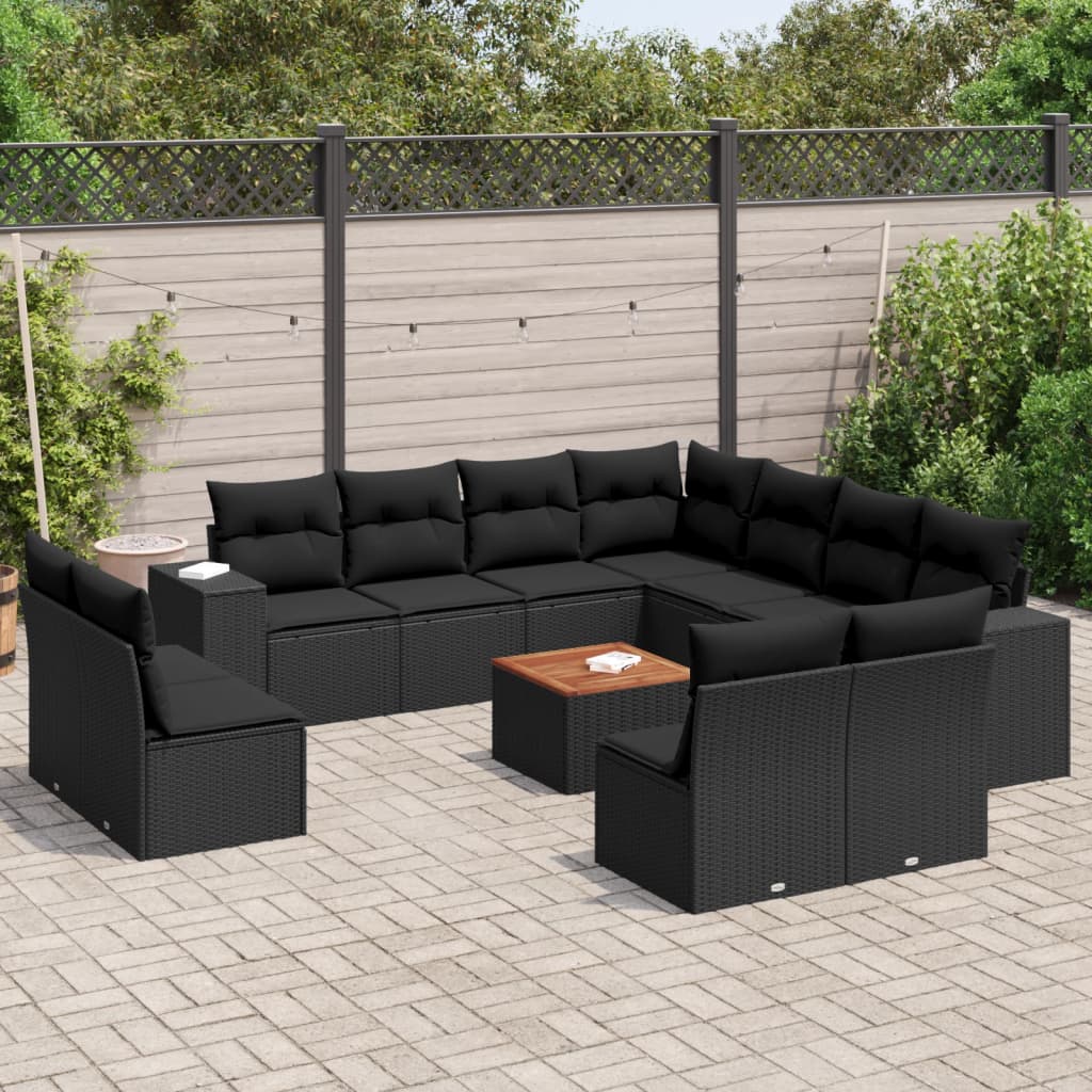 vidaXL 12-tlg. Garten-Sofagarnitur mit Kissen Schwarz Poly Rattan